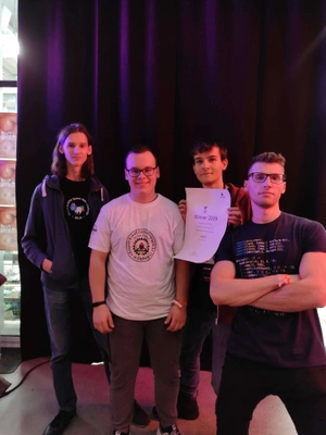 Posing at Junction Hackathon in Helsinki after a win